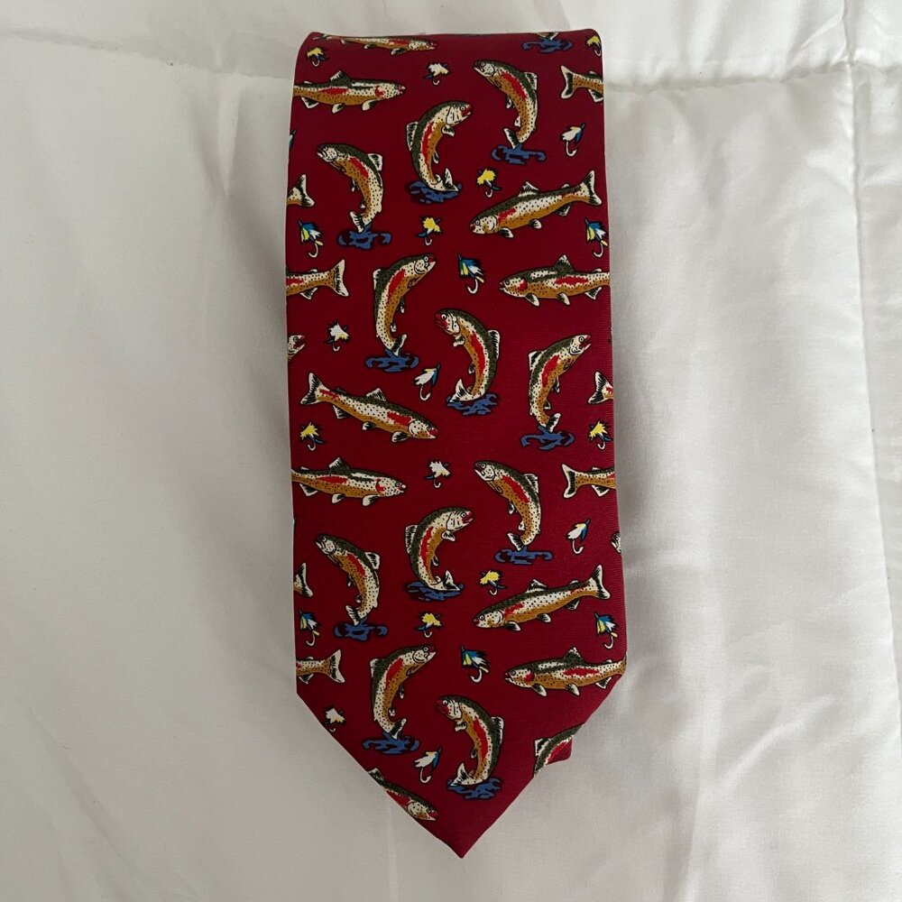 Alynn Rainbow Trout Fishing Tie Silk Neckwear Novelty Tie Dark Red Made in USA - Picture 3 of 4